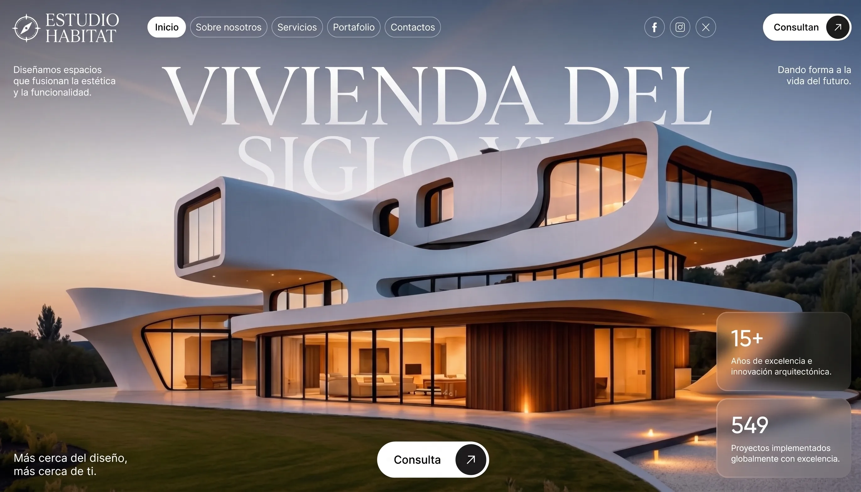 Banner ilustrativo de un estudio de arquitectura llamado Estudio Hábitat, con una vivienda moderna al atardecer y cifras de trayectoria.