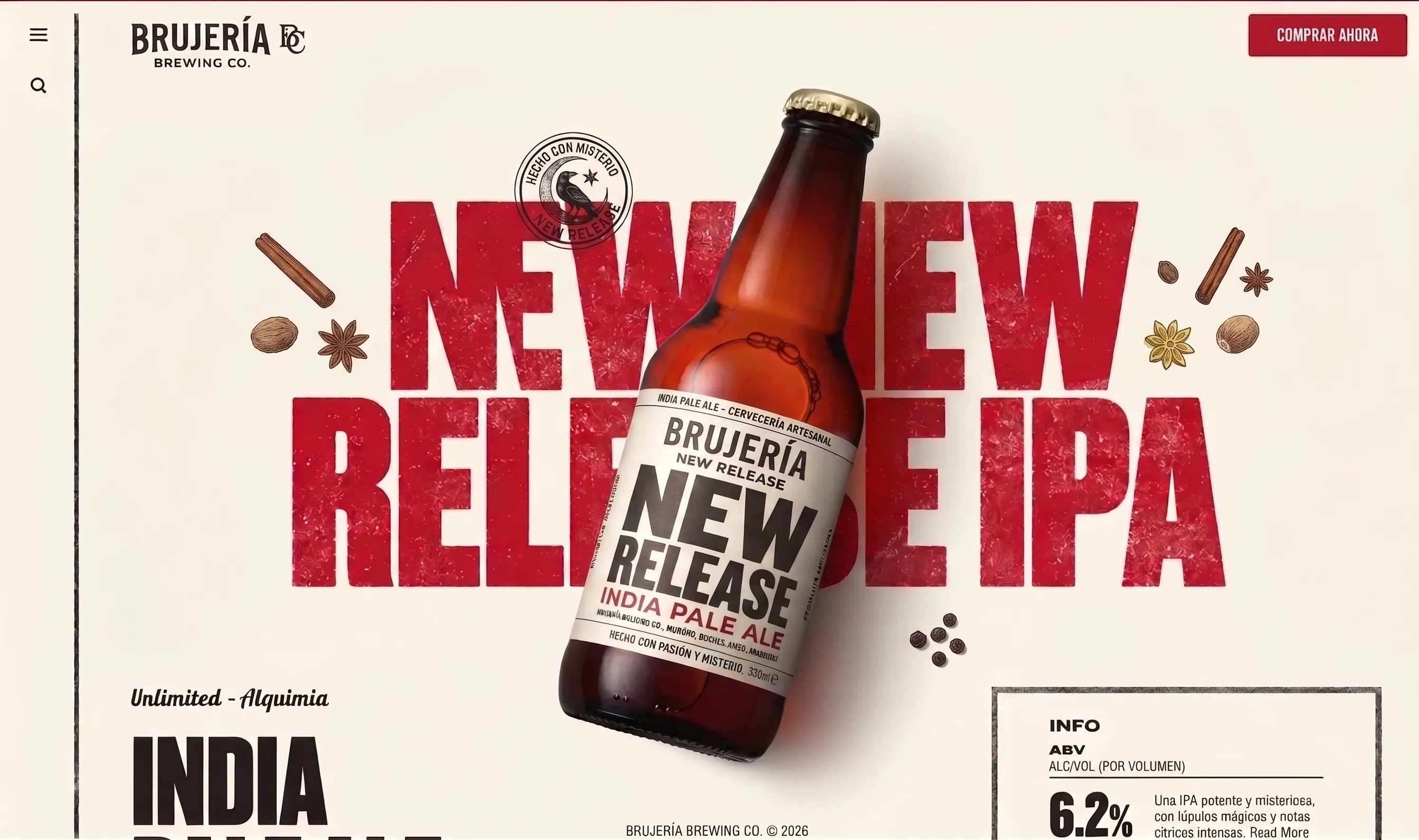 Banner ilustrativo de una cervecería artesanal llamada Brujería Brewing Co., con una botella de cerveza IPA y botón de compra.