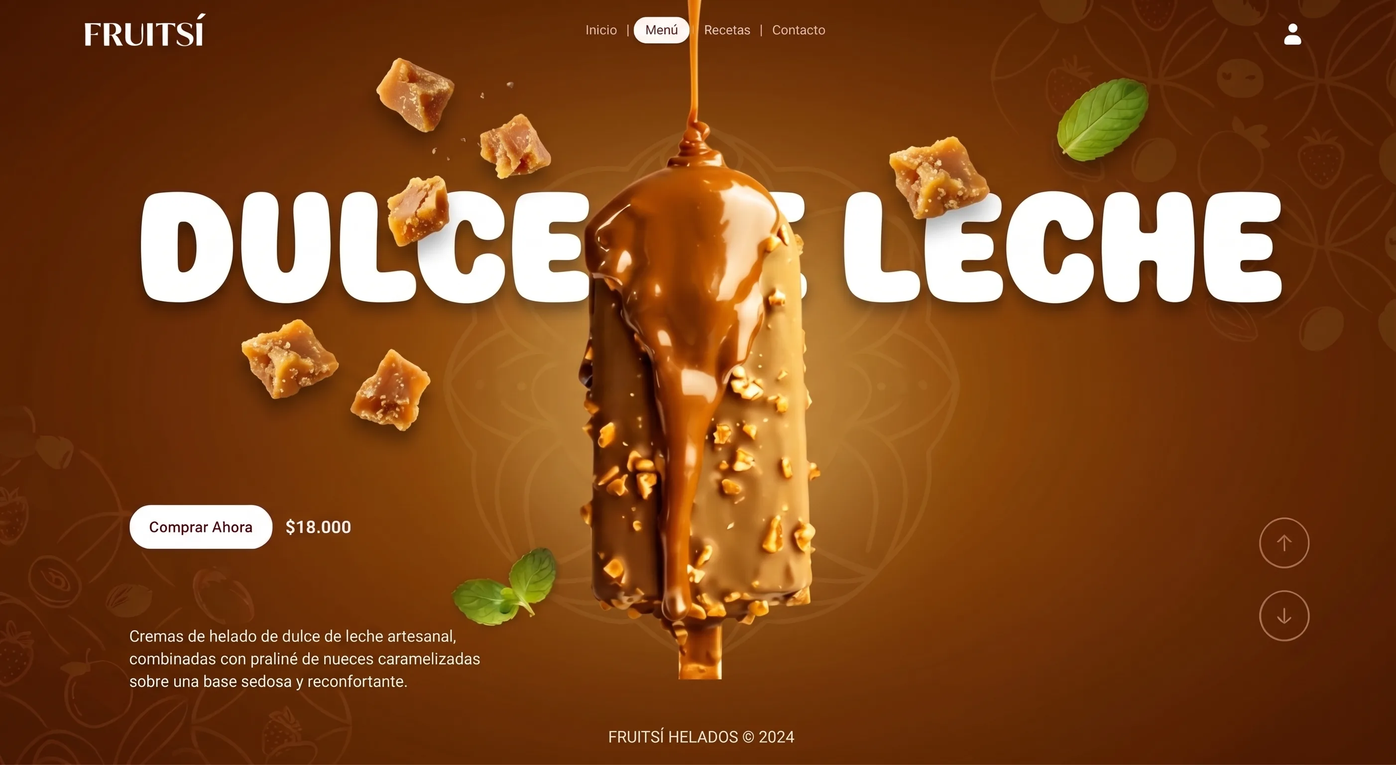 Banner ilustrativo de una heladería artesanal llamada Fruitsí, con un helado de dulce de leche y botón de compra.