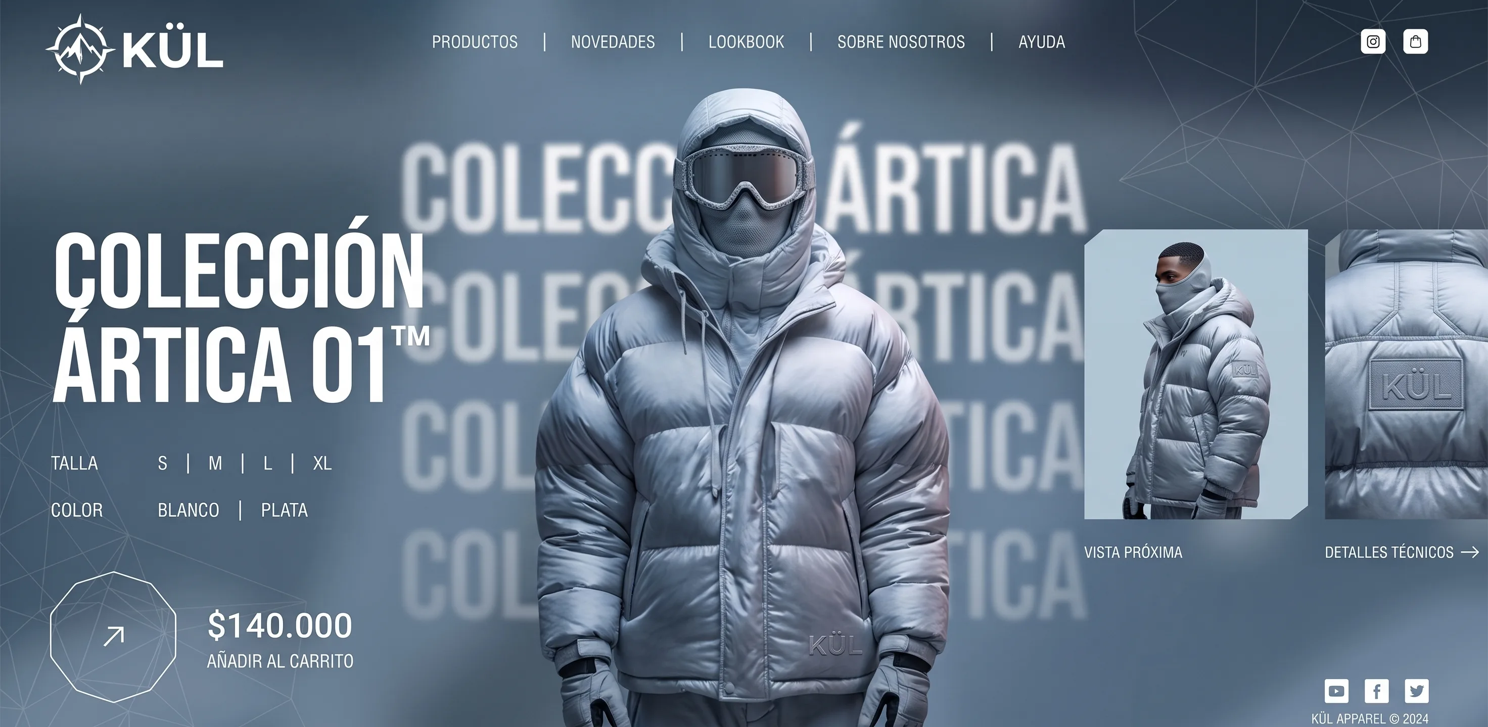 Banner ilustrativo de una tienda de indumentaria llamada KÜL, con una campera de abrigo y selectores de talle, color y precio.