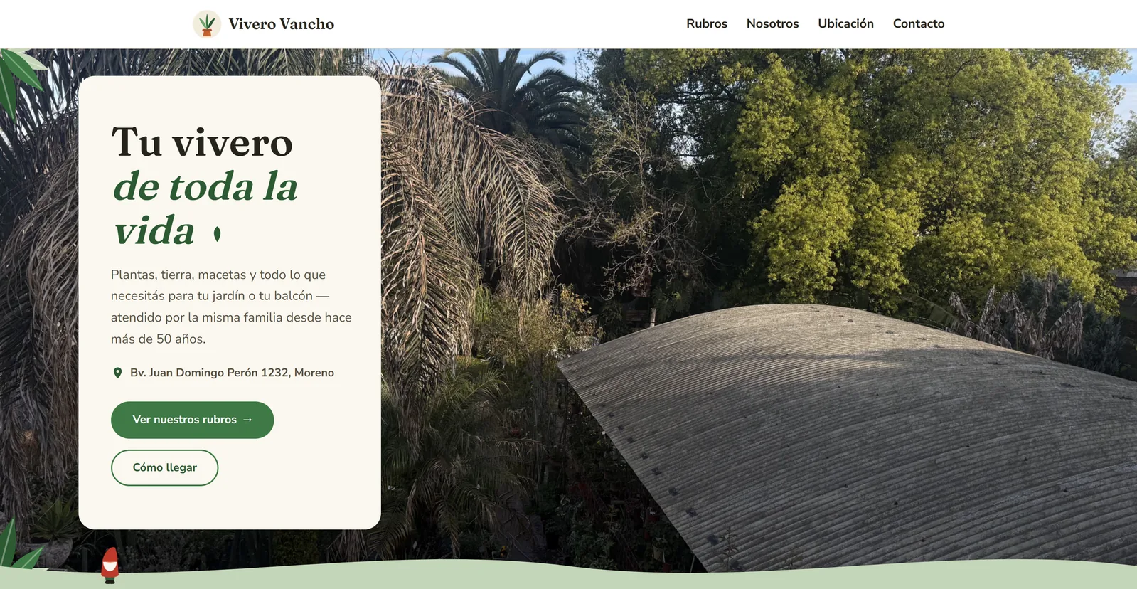 Captura del sitio real de Vivero Vancho: encabezado con logo y menú, y hero con la promesa de marca sobre una foto del predio.
